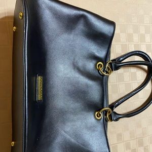 EUC Joy‎ & Iman Black Leather Large Tote Handbag Gold Trim 16” X 9” Zip Closure